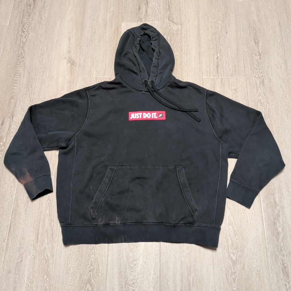 Vintage Nike Mens XL Just Do It Box Logo Hoodie Black Sweatshirt Distressed Y2K